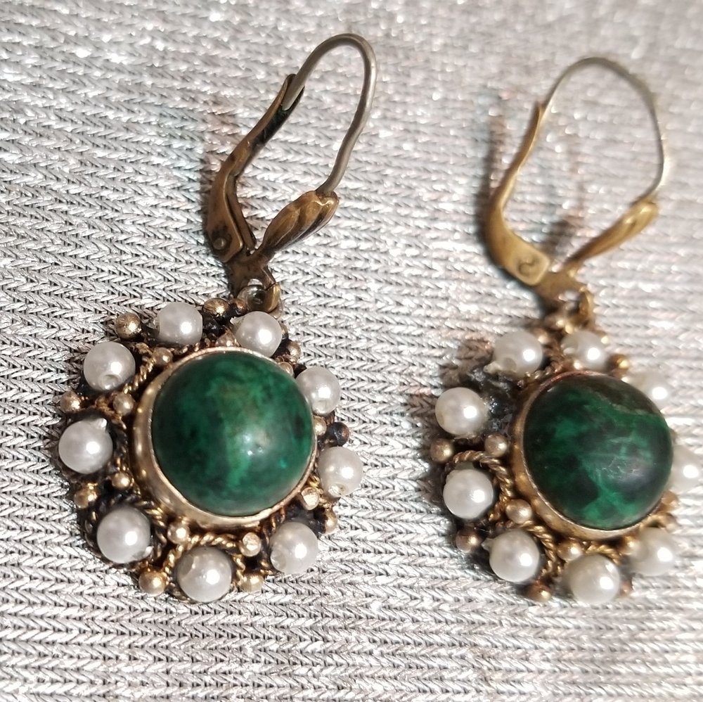 70's boho Silver w/ green Malachite drop earri